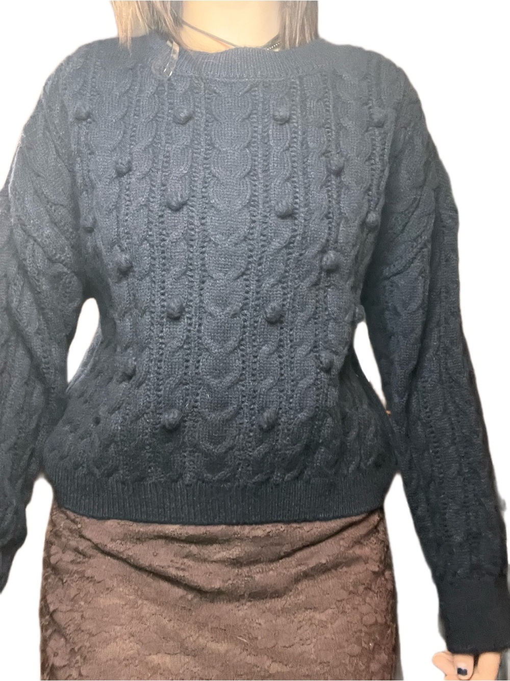 Mexx Navy Cable-Knit Bobble Crewneck Sweater L NWT